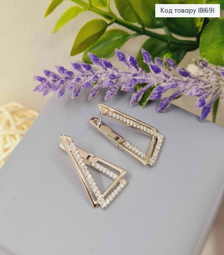 Сережки родованные "Лестница Пенроуз" украшены блестящими камешками, 2,1см, англ. зам., XUPING 181691 фото 2