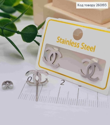 Сережки гвіздки срібного кольору, CHANEL, 0,9см, Stainless Steel 260193 фото 2