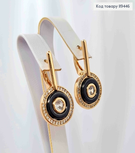 Серьги "Retro" с Блестящими камешками и Черной эмалью, 2,7см, английская застежка, Xuping 18К 119446 фото 2