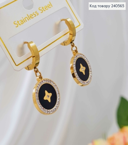 Сережки кільця, підвіска "LV" з чорною емаллю, в камінцях, 1,5см, лимонні, сталь Stainless Steel 260039 фото 2