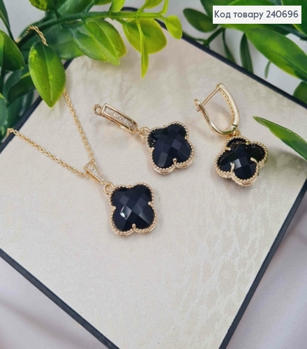 Набор "Van Cleef" Черный: Цепочка(40+5), Серьги(1,2+1,8см), Лимонного цвета, Stainless Steel 240696 фото 2