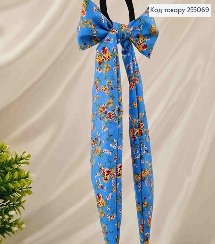 Резинка 5 см, Твилли бант голубого цвета с цветами, 10*27см. 255069 фото 2