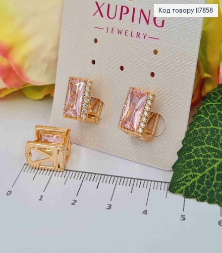 Серьги кольца, "Квадратные" с большим Розовым камешком, 1,1*0,8см, Xuping 18К 117858 фото 2