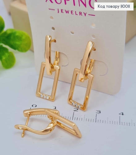 Сережки з квадратною підвіскою в Блискучих камінцях, 2,7см, англійська застібка, Xuping 18К 110011 фото 2