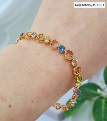 Браслет плетения шестиугольники с цветными камешками 19,5см, Xuping 18K. 150960 фото 2