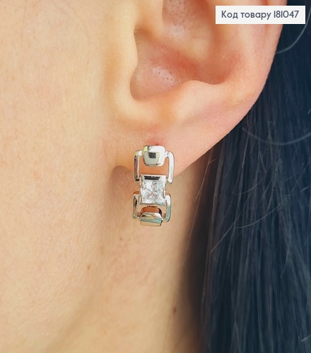 Серьги родованные, "Пряжка" с камешком, 1,5см, англ. зам. Xuping 18K 181047 фото 2