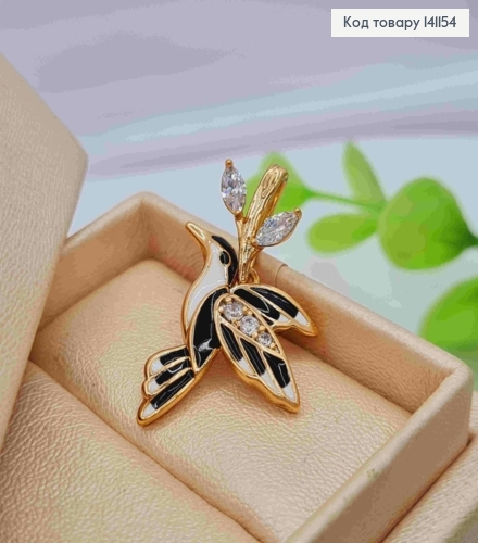 Кулон "Птичка Колибри" с Черно-Белой эмалью и блестящими камешками, размер 2,8см, Xuping 18K 141154 фото 2