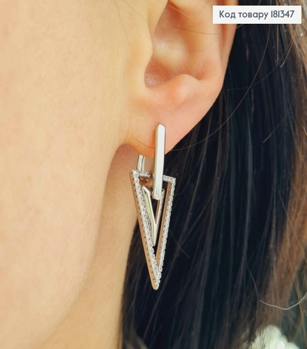 Сережки родованные, "Два треугольника", с камешками, 2,5см, англ. застежка, Xuping 181347 фото 2