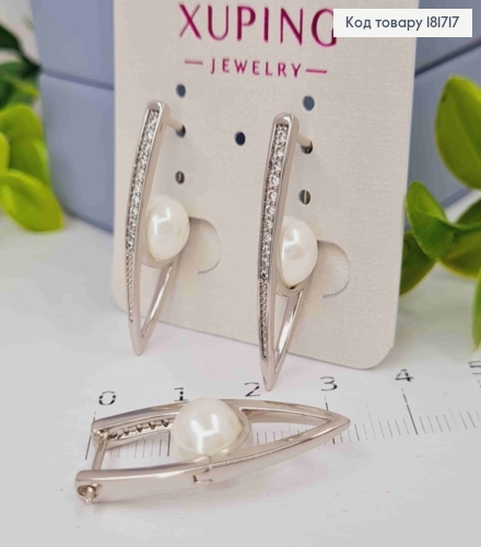 Серьги стрелы украшены камнями с жемчужиной в середине, 3,1см, англ. застежка, Xuping 181717 фото 3