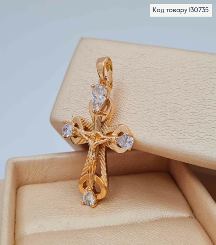 Крестик с распятием и Блестящими камешками по краям, размер 2,7*1,9см, Xuping 18K 130735 фото 2
