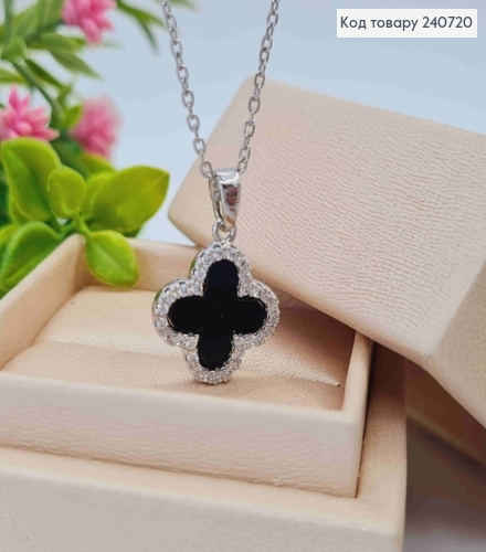 Ланцюжок срібного кольору, з підвіскою Van Cleef з Чорною емаллю, 40+5см, сталь Stainless Steel 240720 фото 2