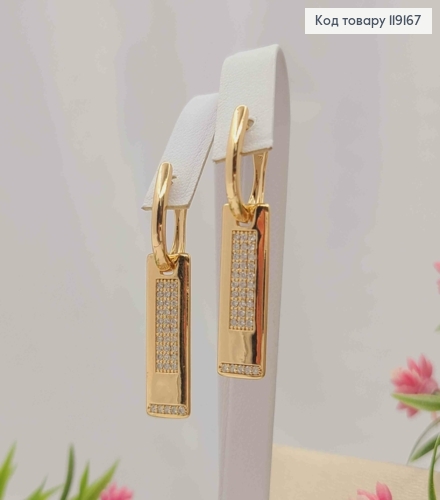 Серьги с прямоугольной подвеской с блестящими камешками, 1,5+2,3см, англ. 119167 фото 2