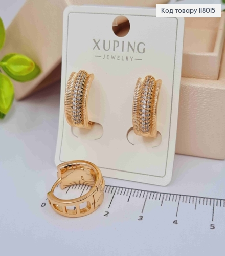 Серьги кольца украшены Блестящими камешками, ширина 7,5мм, диаметр 1,7см, Xuping 18K 118015 фото 2