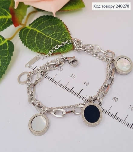 Браслет 16+3.5 см Van Cleef 3 підвіски з чорною і перламутр. емаллю, колір срібний, Stainless Steel 250004 фото 2