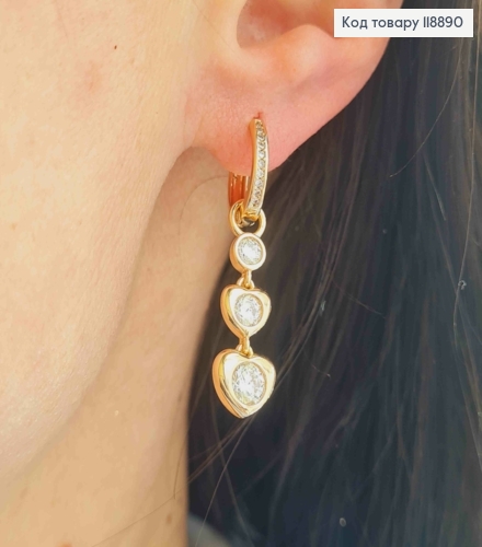 Сережки кільця з рухливою підвіскою Серця в Камінцях (2,5см), діаметр 1,3см,  XUPING 18K 118890 фото 3