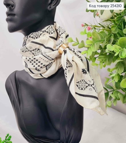 Хустка з колечком, Кремово-Молочного кольору з малюнком, 70*70см, 100% поліестр (шовк) 254210 фото 2