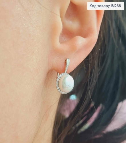 Серьги родованные, "Лыбидь" с жемчужинкой в огранке из камушков, англ. заст. Xuping 181268 фото 2