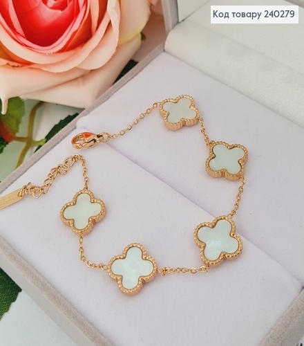 Браслет 17.5+3 см Van Cleef тонкий с перламутровой эмалью, цвет золотой, Stainless Steel 240279 фото 2