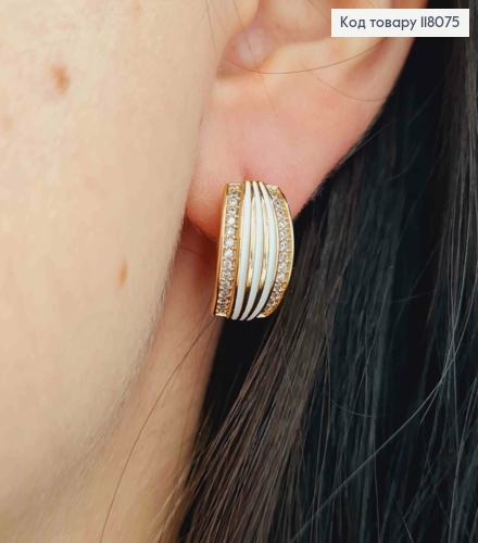 Серьги кольца с Камешками и Белой эмалью, диаметр 1,6см, Xuping 18К. 118075 фото 3