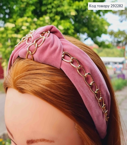 Обруч чалма с золотистой цепочкой, розового цвета, шир. 4см 292282 фото 2