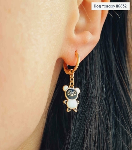 Серьги кольца 1см, с подвеской Черно-Белой пандой, 1,5см, Xuping 18К 116832 фото 2