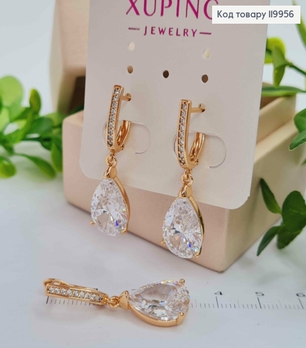Серьги в камнях с подвесным камнем капелькой, дл. 1,6+1,6см, английская застежка, Xuping 18K 119956 фото 3