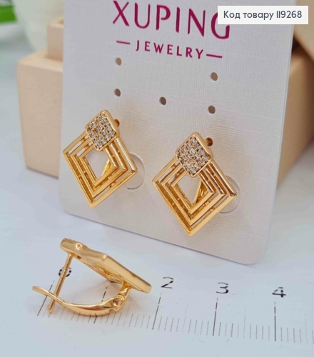 Серьги "Ромб" с Блестящими камешками, длина 1,7см, английская застежка, Xuping 18K 119268 фото 2
