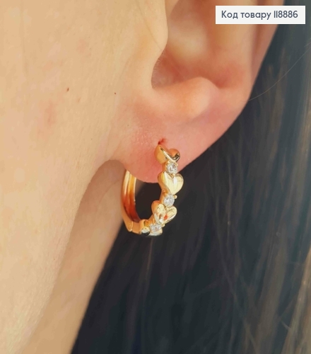 Серьги кольца украшены Сердцем и Блестящими камешками, диаметр 1,6см, Xuping 18K 118886 фото 2