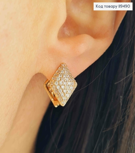 Серьги кольца "Ромбы" украшены Блестящими камешками, длина 1,3см, XUPING 18К 119490 фото 2