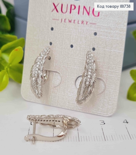 Серьги родованные "Перышко" украшены Блестящими камнями, 2,1см, английская застежка, Xuping 181738 фото 2