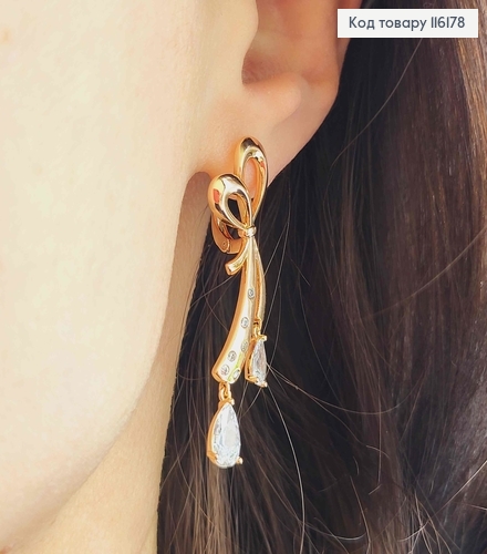 Серьги Бантик с подвесками камешками, 4см, англ. зам. Xuping 18K 116178 фото 2