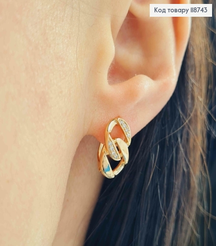 Серьги "Звенья" украшены Блестящими камнями, 1,5см, английская застежка, Xuping 18K 118743 фото 2