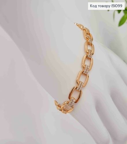 Браслет плетения Квадратными пластинами с блестящими камешками, длина 17+2см, Xuping 18K. 151099 фото 3