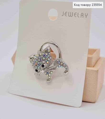 Брошь "Котик" украшена Блестящими камешками Хамелеон, Серебряного цвета, 3,2*2,7см 235554 фото 2
