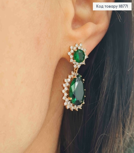Серьги гвоздики подвески с большими ЗЕЛЕНЫМИ камушками, 3*1,2см, XUPING 18K 118771 фото 3
