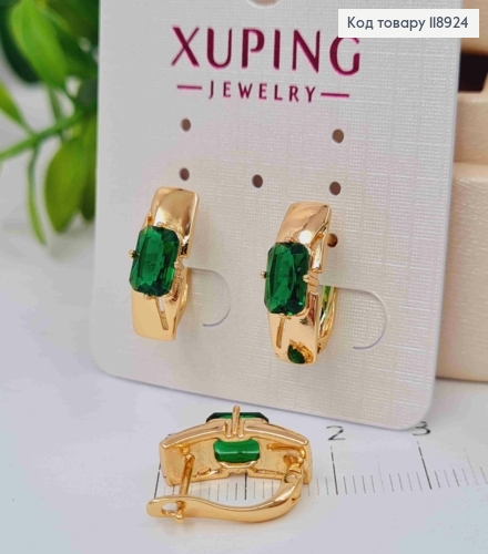Сережки Прямокутні з Зеленим каменем, 1,6см, англійська застібка, Xuping 18K 118924 фото 2
