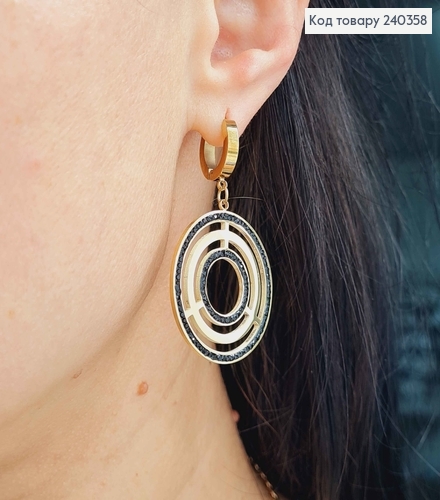 Сережки кільця, Пластинка Лабіринти, лимонний колір з чорною емаллю, сталь Stainless Steel 260014 фото 3