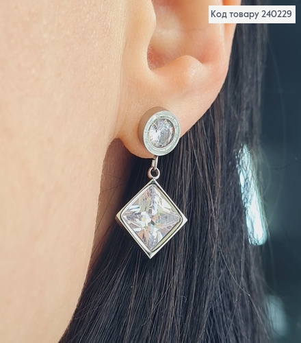 Сережки родированые гвоздики BVLGARI с большым камнем, 3*1,5см, Stainless Steel 240229 фото 2