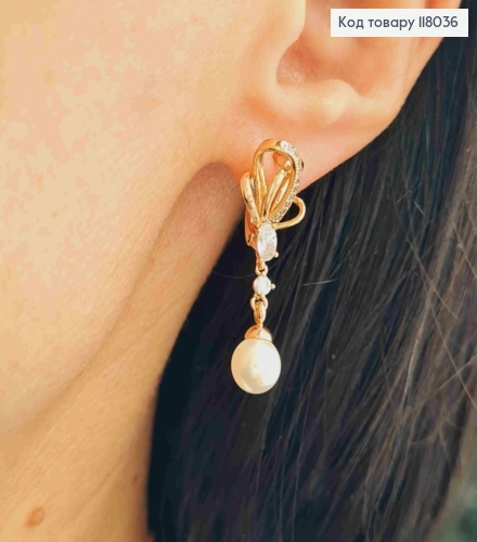 Серьги "Королевские" с камешками и жемчужиной, 3,3см, английская застежка, Xuping 18K 118036 фото 2