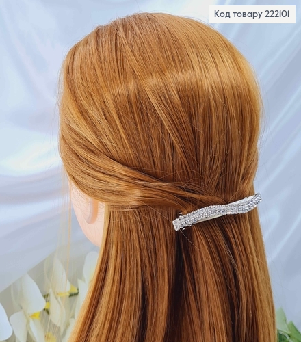 Заколка Автомат 8,5см ХВИЛЯ срібного кольору з камінцями в два ряди 222101 фото 2