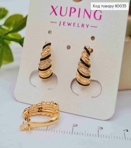 Серьги "Мушля" с Блестящими камешками и Черной эмалью, длина 1,6см, английская застежка, Xuping 18K 110035 фото 2