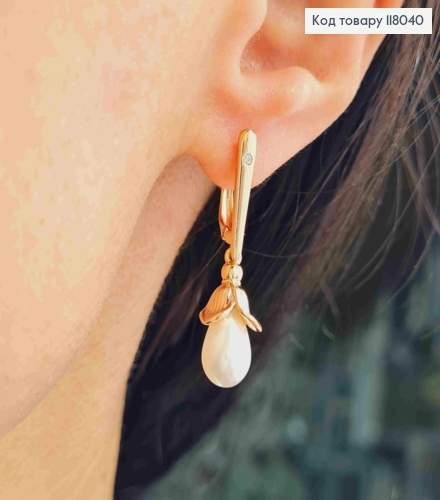 Серьги "Цветок Колокольчик" с жемчужиной, 1,7+1,8см, английская застежка, Xuping 18K 118040 фото 3