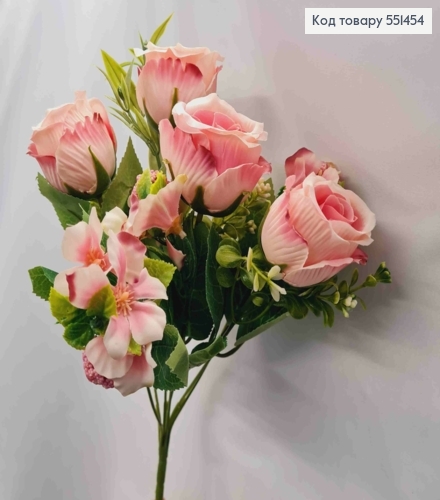 Штучна композиція Троянди з Жасміном, БЛІДО-РОЖЕВІ, 7 гілочок на метал. стержні, висота 33см 551454 фото 2