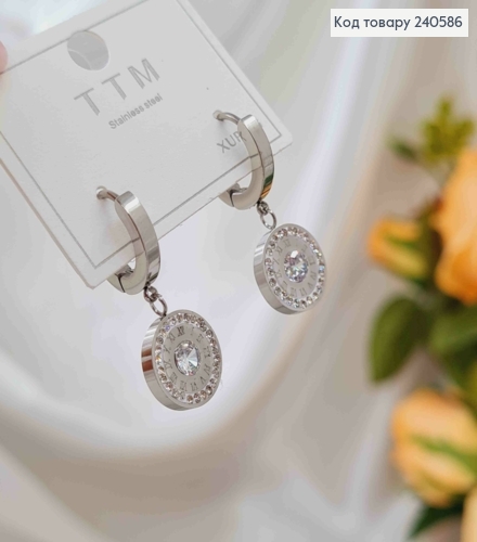 Серьги кольца, Римские часы с камешком, цвет серебряные, Stainless Steel 260058 фото 3