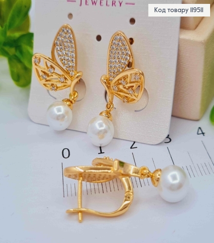 Серьги "Крылья Эльфа" с Блестящими камешками и Жемчужкой, 2,1+0,8см, английская застежка, Xuping 18K 119511 фото 2