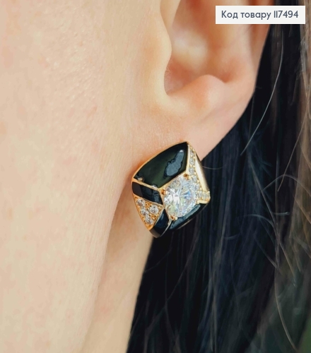 Серьги "Ретро" с черной эмалью и блестящими камешками, 1,8см, англ. застежка, Xuping 18К 117494 фото 2