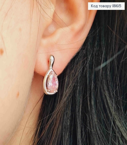 Серьги родованные "Капелька Надежды" с Розовым камешком, 1,7см, английская застежка, Xuping 181615 фото 3