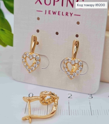 Сережки "Серце" прикрашені Блискучими камінцями, 1,6см, англійська застібка, Xuping 18K 119200 фото 2