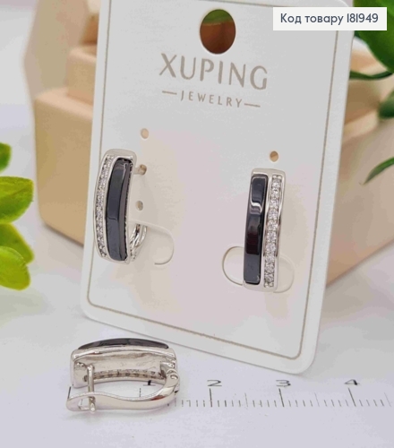Серьги родованные с Блестящими камешками и Черной эмалью, дл. 1,5см, английская застежка, Xuping 181949 фото 2