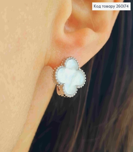 Сережки срібного кольору, Van Cleef з Перламутровою емаллю (1,4см), англ. застібка, Fashion Jewelry 260174 фото 3